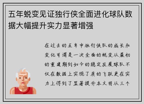 五年蜕变见证独行侠全面进化球队数据大幅提升实力显著增强